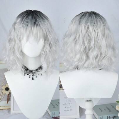 شعر مستعار مستقيم قصير للنساء، شعر اصطناعي طبيعي مع غرة، مقاوم للحرارة، للاستخدام اليومي والتنكري