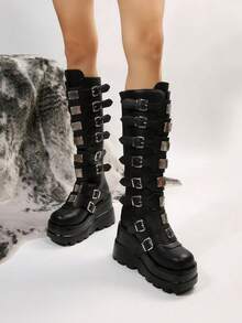 Women's Goth Platform Knee High Boots Fashion Metal Buckle Wedges High Heels Round Toe Zip Punk Combat Boots - Đen A - Xem 4
