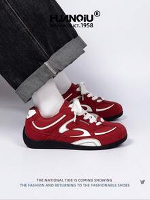 HUANQIU 2025 New Men's Shoes Men's Skateboard Shoes A Pair Of Fashionable Casual And High-Rise Breathable Home Office Outdoor Sports Shoes Multifunctional Lightweight And Comfortable Dexun Shoes Racing Shoes Casual Shoes Running Shoes Red Four-Season Shoes - Red - View 5