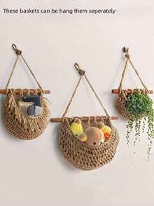 1 juego de bolsas colgantes tejidas a mano de 3 capas, estante de cocina, estante de almacenamiento de frutas y artículos diversos para la puerta de la pared, canasta colgante de cuerda de algodón, estante colgante de pared de 3 capas, bolsas colgantes de almacenamiento de artículos diversos - Marrón - Ver 4