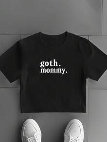 1pc Goth Mommy Graphic Print Women's Y2K Crop Top Crew Neck Short Sleeve T-Shirt, Goth Aesthetic Streetwear Tee, Vintage Rock Clothes, Back To School Top, Summer Tops, Holiday Vacation Festival Outfit, Casual Daily Wear - 黑色 - 查看 4