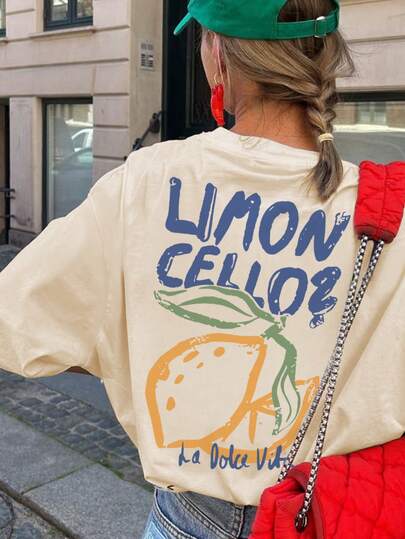 Women's Lemon Print Round Neck Short Sleeve T-Shirt, Casual Vacation Style Top, Fashionable Summer Everyday Wear