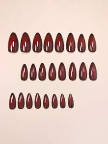 24片杏仁形哥特风酒红色美甲贴纸，瞬间提升您的美甲造型！全覆盖法式美甲贴纸，包含1张贴纸和1个迷你指甲锉。适合秋冬季、万圣节、圣诞派对、约会和日常佩戴。指甲胶水随机发货。美甲用品 - 彩色 - 查看 4