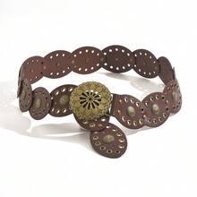 1pc Western Cowboy Bohemian Style Country Belt, Women's Fashion Accessory, Retro Bronze Floral Hollow Buckle Oval Belt Waist Chain, Bohemian Style Belt And Dress Accessory Halloween Valentine's Day Valentines - 棕色 2 - 查看 3