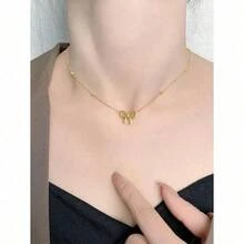 1pc Gold Bowknot Pendant Necklace - Stainless Steel Bead Chain For Women Girls, Minimalist Cute Dainty Jewelry, Fashion Versatile Elegant Layering Necklace, High-End Daily Wear Accessory For Dates, Perfect Birthday Holiday Gift