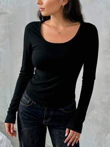 1pc Autumn Fitted Black Crew Neck Elastic Knit Pullover - Women's Basic Undershirt, Suitable For Casual Outfits, Leisure Fashion, Everyday Wear, Autumn Women's Clothing - Black - View 9