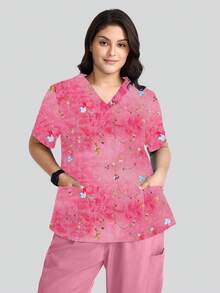 cimmuovere Camicetta donna a maniche corte con scollo a V, stampa carina, due tasche, divisa da infermiera, abbigliamento da lavoro per dentisti, operatori sanitari, veterinari, laboratori, primavera - Multicolore - Visualizzare 5