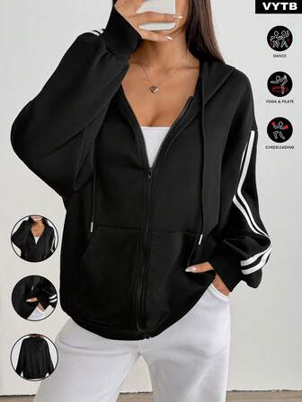 1 件拉链条纹夹克，新款宽松休闲运动外套