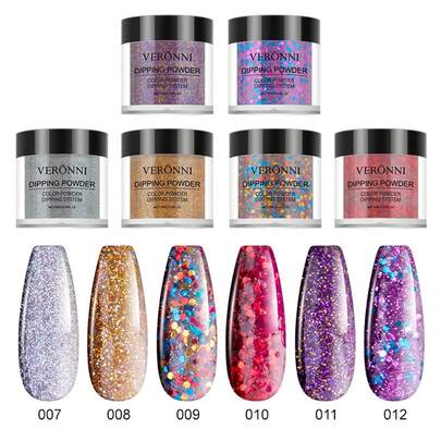 VERONNI 6 Colors Nail Glitter, High Gloss Gradient Glitter Effect, Multi-Color Blend, Perfect For Creative Nail Art And Acrylic Nail Stickers