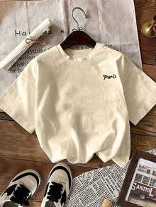 YUNCHIC Men's Casual Modern Style Graphic Print Khaki T-Shirt, Loose Fit Versatile, Minimalist Ins Style, Suitable For Summer, T-Shirt Essential - Khaki - View 2