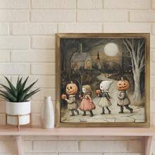 1PC Vintage Halloween Trick-Or-Treaters Print Framed Wood Sign, Halloween Wall Art, Adorable Vintage Halloween Art, Creepy Kids Art, Halloween Wall Decor,Room Decor Aesthetic, Home Decor, Posters For Room, Canvas Wall Art, Optional Frame, Wall Decor, Living Room Decor. Halloween Decor Fall Decor