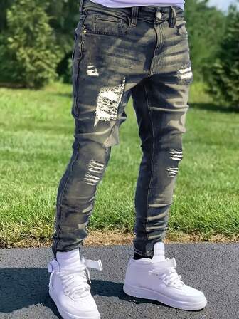 1pc Khaki Men's Slim Fit Stretch Distressed Ripped Streetwear Cargo Jogger Casual Breathable Solid Color Thick Jeans Pants, Suitable For City Walking, Parent-Child Outdoor Activities
