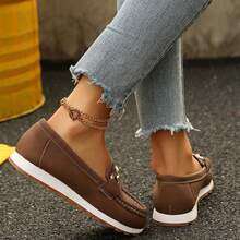 Women Flat Round Toe Slip On Loafer Shoes Low Heel Wedge Buckle Soft Bottom - 咖啡棕 - 查看 8