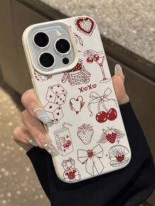 1pc Vintage Fashionable Red Cherry Bow Illustration Textured Anti-Drop Soft Phone Case, Compatible With Apple, Phones - Multicolor - View 5