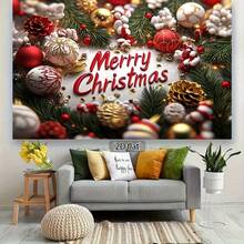 1pc Holiday 2D Christmas Background With Pine Cones, Ornament Balls And Holly - Polyester, No Electricity Required, Suitable For Holiday Photography And Decoration, Christmas Photography Backdrop | Christmas Themed Decor | Polyester Background, Christmas Decoration