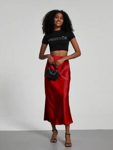 Se-Helo Fashion Women's Elastic Satin Texture Satin Maxi Skirt - Red - Red - View 4