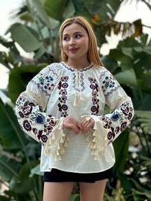 女士刺绣亚麻花卉印花休闲优雅流苏刺绣衬衫，适合度假 - 白色 - 查看 2