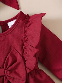 2pcs Baby Girls' Ruffle Hem Bow Decor Long Sleeve Dress And Headband Set - Burgundy - View 5