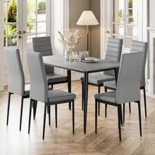 Dining Table And Chairs Set Of 6, 120CM Marble Effect Dining Table With 6 Faux Leather High Back Dining Chairs,Modern Dining Table Set For Home/Kitchen Office - Grey Table and 6 Grey Chairs - View 3