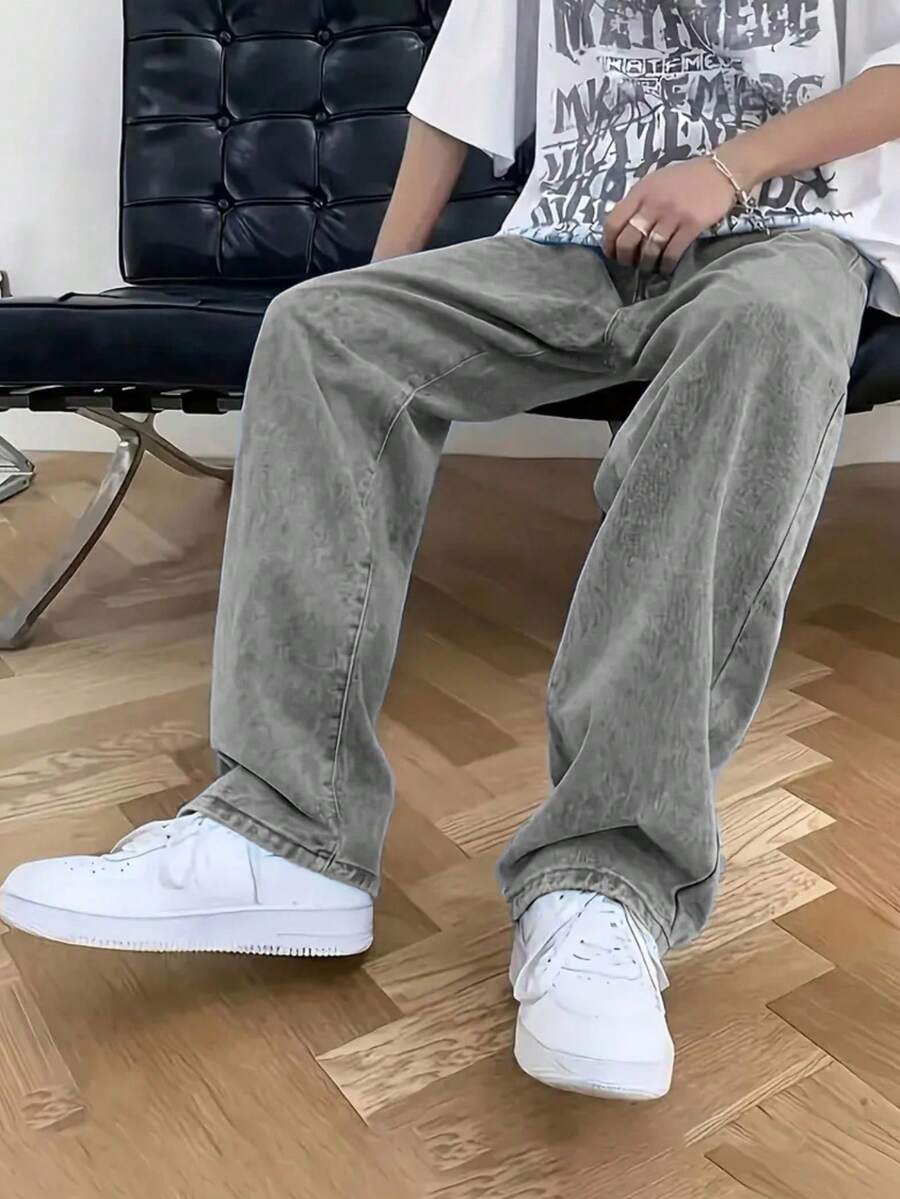 1 件男士灰色直筒修身百搭牛仔裤,舒适休闲工作服牛仔裤,适合送给丈夫或男朋友的礼物 - 灰色 - 查看 1