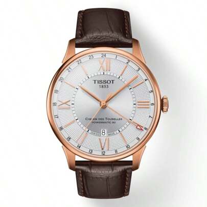 Tissot 1 Orologio GMT classico da uomo - Tissot Chemin Des Tourelles Powermatic 80 Swiss Made da 42 mm in acciaio inossidabile rivestito in PVD oro rosa, quadrante argento con lancette e numeri romani oro rosa, vetro zaffiro antigraffio bombato, movimento automatico Swiss Powermatic 80.661 con riserva di carica di 80 ore, data alle ore 3, cinturino in pelle marrone, resistente all'acqua fino a 50 m - perfetto per affari, viaggi o come regalo di stile