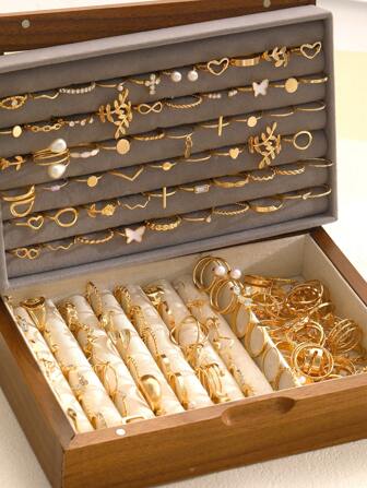 1 套复古多件可堆叠 21/23/47/68 件心形、珍珠、花朵、几何图案、十字架、眼睛、叶子、水晶、闪亮、星星、流苏、月亮、太阳、圆珠、圆形、方形、波浪、多层、绳索、链条、镂空、编织、极简主义、光滑素面戒指、多元素金属风格戒指、时尚、优雅、复古设计、适合节日、派对、约会、礼物、日常佩戴（随机发货）