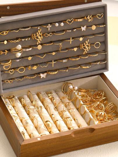 1 Set Vintage Multi-Piece Stackable 21/23/47/68pcs Heart, Pearl, Flower, Geometric, Cross, Eye, Leaf, Crystal, Bling Bling, Star, Tassel, Moon, Sun, Round Bead, Round, Square, Wave, Multi-Layer, Rope, Chain, Hollow, Braided, Minimalist, Smooth Plain Ring, Multi-Element Metal Style Rings, Fashion, Elegant, Retro Design, Suitable For Holiday, Party, Date, Gift, Daily Wear (Random Delivery)