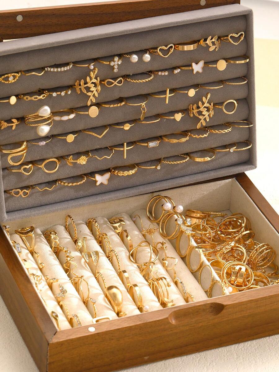 1 Set Vintage Multi-Piece Stackable 21/23/47/68pcs Heart, Pearl, Flower, Geometric, Cross, Eye, Leaf, Crystal, Bling Bling, Star, Tassel, Moon, Sun, Round Bead, Round, Square, Wave, Multi-Layer, Rope, Chain, Hollow, Braided, Minimalist, Smooth Plain Ring, Multi-Element Metal Style Rings, Fashion, Elegant, Retro Design, Suitable For Holiday, Party, Date, Gift, Daily Wear (Random Delivery) - Yellow Gold - View 1