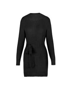 Women's Solid Color Round Neck Raglan Sleeve Casual Sweater Dress, Autumn/Winter - Black - View 11