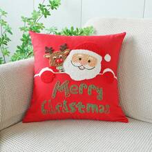 1 buc. Husă de pernă brodată cu Moș Crăciun și reni, pernă decorativă în stil Ins pentru canapea în sufragerie, decor de Crăciun roșu și alb