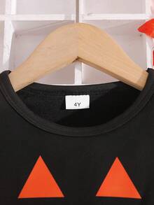 Vestido de Halloween para meninas, saia de malha estilo morcego, estampa gráfica, manga comprida com cinto, ideal para festas ao ar livre - Preto - Ver 3