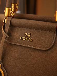 秋冬优雅女士手提包，成熟淑女托特包，棕色单肩包，通勤包，可斜挎，带铭牌吊饰 - 咖啡 - 查看 6