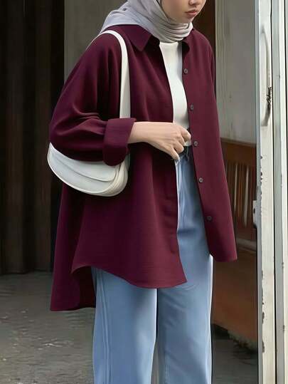 Camisa esencial de mujer unicolor, blusa de manga larga con solapa entallada y cierre delantero con botones, versátil para la oficina y el hogar en otoño, invierno y primavera