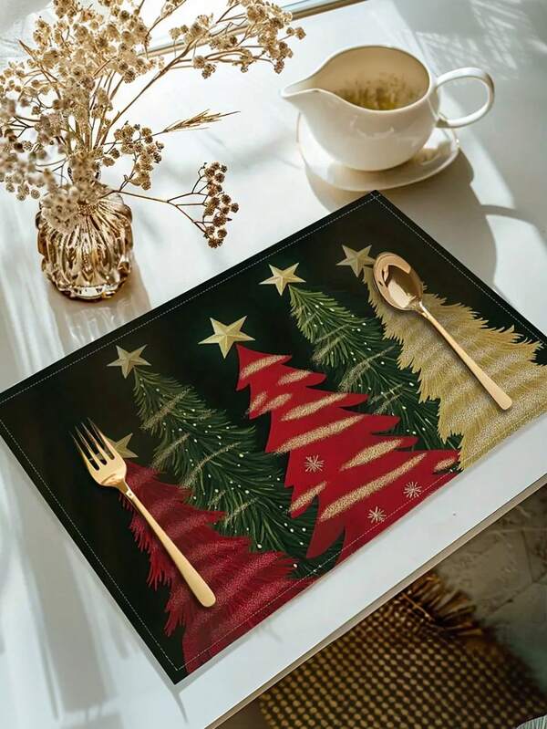 1/4/6/8/12pcs Christmas Tree Design Place Mats 12.6x16.5 Inch, Machine Washable, Rectangular Table Mats For Home, Kitchen, Holiday Festive Dinner Decor, Suitable For Party, Restaurant & Hotel Use