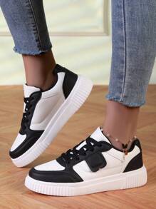 女士时尚休闲运动鞋低帮系带透气拼色运动鞋，轻便舒适滑板鞋