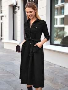 Women's Solid Color Long Sleeve Single-Breasted Pocket Casual Shirt Dress - Black - View 4