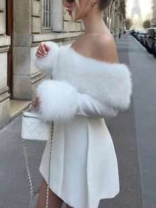 优雅法式浪漫约会之夜正式晚宴生日温暖舒适假日圣诞节露肩收腰弹力蓬松内衬长袖迷你连衣裙，白色