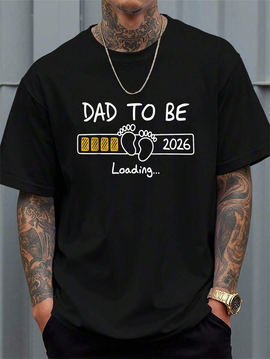 100% Cotton Dad To Be 2026 Dad Loading New Dad Est 2026 Daddy To Be T-Shirt Women's Men's Graphic Tee Causal Tops Fashion - 黑色 - 查看 1