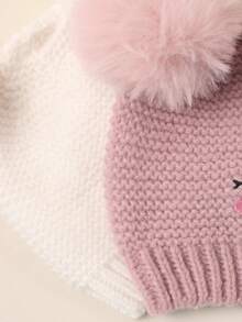 2 pezzi Cappellino neonato/bambino con doppia pallina, occhi chiusi e viso sorridente ricamato, berretto in maglia per neonati, bambini piccoli, inverno caldo cappello in maglia per bimbi e bimbe - Multicolore - Visualizzare 7