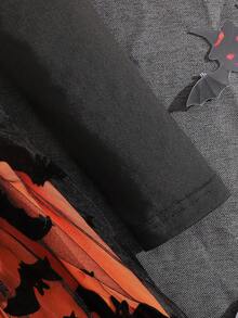 Vestido de Halloween para meninas, saia de malha estilo morcego, estampa gráfica, manga comprida com cinto, ideal para festas ao ar livre - Preto - Ver 6