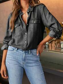 Women Denim Shirts Solid Color Turn Down Collar Long Sleeve Jean Blouses Spring Loose Casual Tops Streetwear Vestidos Casuales - Màu xám đen - Xem 3