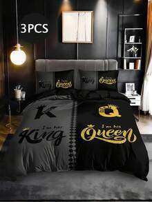 3pcs Bedding Set (1 Duvet Cover And 2 Pillowcases, Core And Pillow Not Included), Home Or Dorm, High Definition Printed Grey & Black Crown & Letter Pattern - Multicolor - View 1