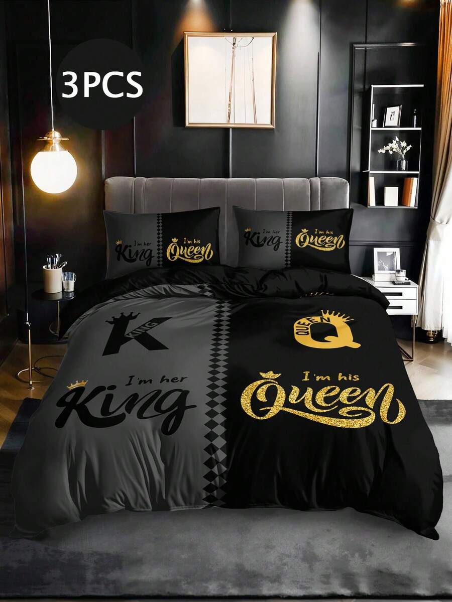 3pcs Bedding Set (1 Duvet Cover And 2 Pillowcases, Core And Pillow Not Included), Home Or Dorm, High Definition Printed Grey & Black Crown & Letter Pattern - Multicolor - View 1