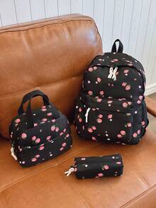 3pcs Backpack Set - Fashionable Large Capacity Backpack + Lunch Bag + Pencil Case, With Laptop Compartment, Strawberry Pattern Backpack, Adjustable Shoulder Straps And Spacious Multi-Pockets - Lightweight Zipper Bags, Suitable For Women/Girls/Students/Teens/Graduates, Perfect For Outdoor/Travel/Middle School/High School/College - Black - View 8
