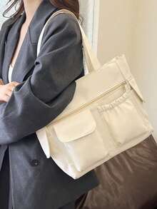 女士时尚纯色尼龙多功能手提包，简约多口袋大容量腋下包，多功能手提包，休闲旅行假日购物手提/单肩包，商务通勤日常外出笔记本电脑包，适合学习、工作、通勤和日常使用，返校包 - 黑色 - 查看 10