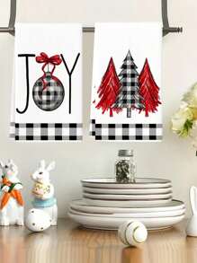 Two Pieces Christmas Kitchen Towel - Christmas JOY Christmas Tree Style Hat Design, 18X27.5 Inches, Polyester Fiber - Perfect For Vacation Home Decoration And Party Supplies Shower Towels For Beauty Salon, Hotel Sports,Home Essentials, Towel, Skin Care