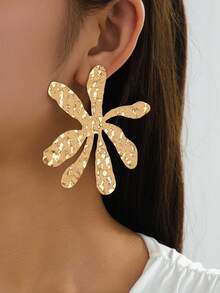 1 对时尚简约不对称夸张金属金耳钉，百搭，适合女性度假佩戴 - 金色 - 查看 1