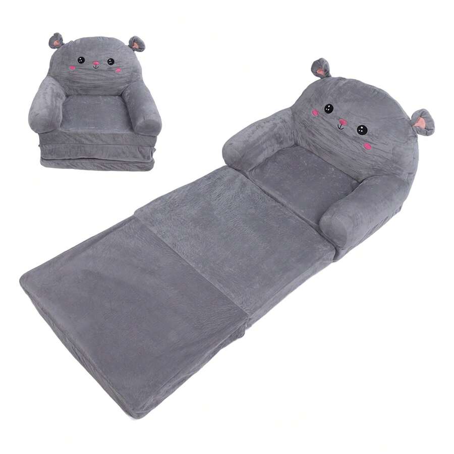 2-In-1 Kids' Foldable Sofa - Cartoon Flip-Open Design With 3-Layer Breathable Cloth & Sponge | Toddler Chair For Babies & Children - Grey - View 1