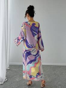 一件女士宽松印花长款连衣裙，紫色图案，奢华休闲度假装，长袖圆领优雅卡夫坦长袍，传统阿拉伯长袍，正式晚礼服，开斋节春季 - 紫色 - 查看 2