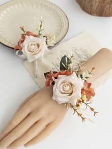 Conjunto de 2 peças de flores artificiais laranja queimado com toque realista: boutonnière e corsage de pulso para casamento boho de outono. Corsage de pulso para noiva, boutonnière para noivo, flores artificiais para casamento/baile de formatura/festa de boas-vindas, etc. (Champagne, Laranja Queimado) Acessórios para o Dia dos Namorados - Ver 4
